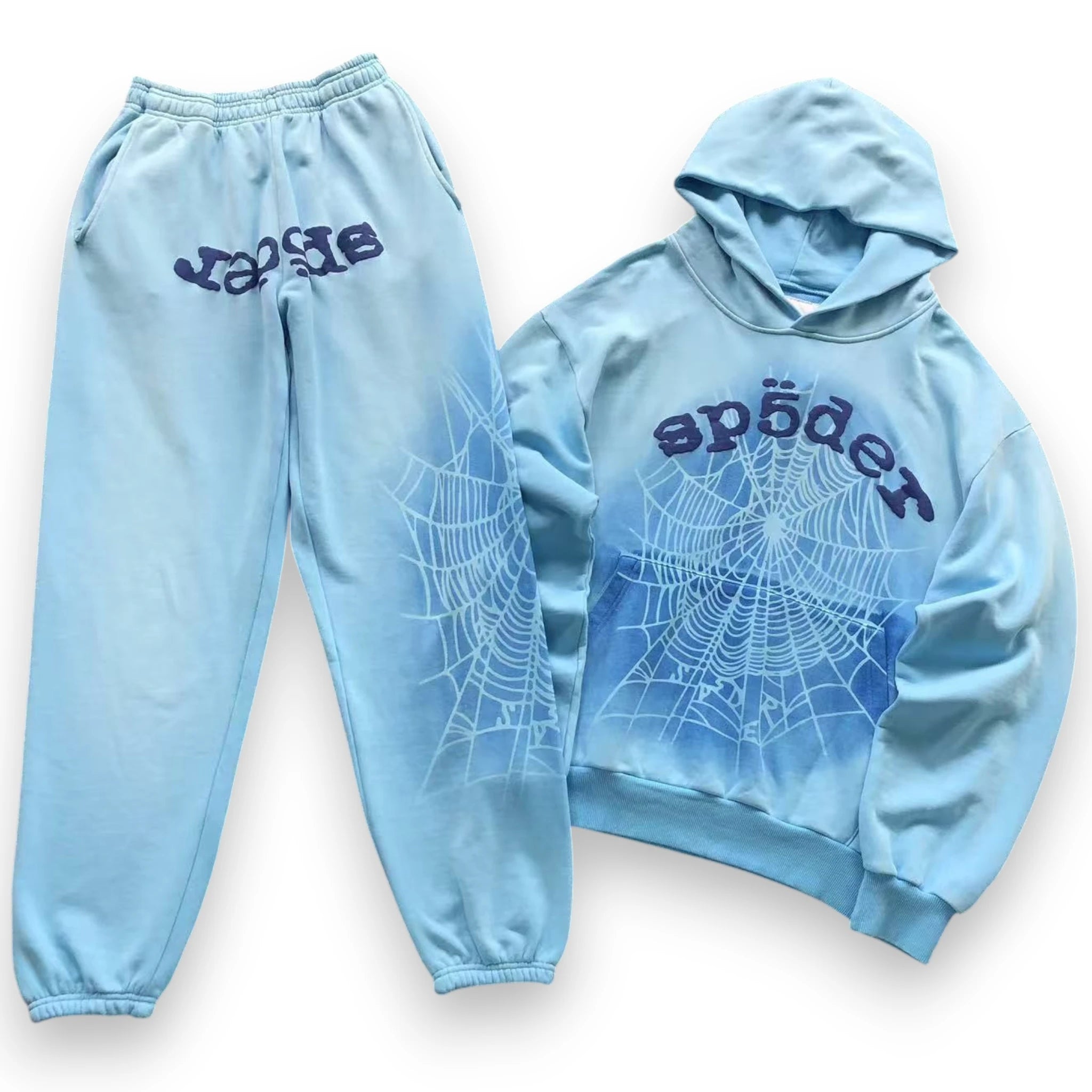 Light blue hoodie and sweatpants set with spider web design and 'spoder' text on a white background