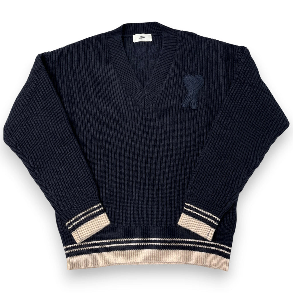 AMI PARIS RIBBED V-NECK SWEATER "Navy Blue'