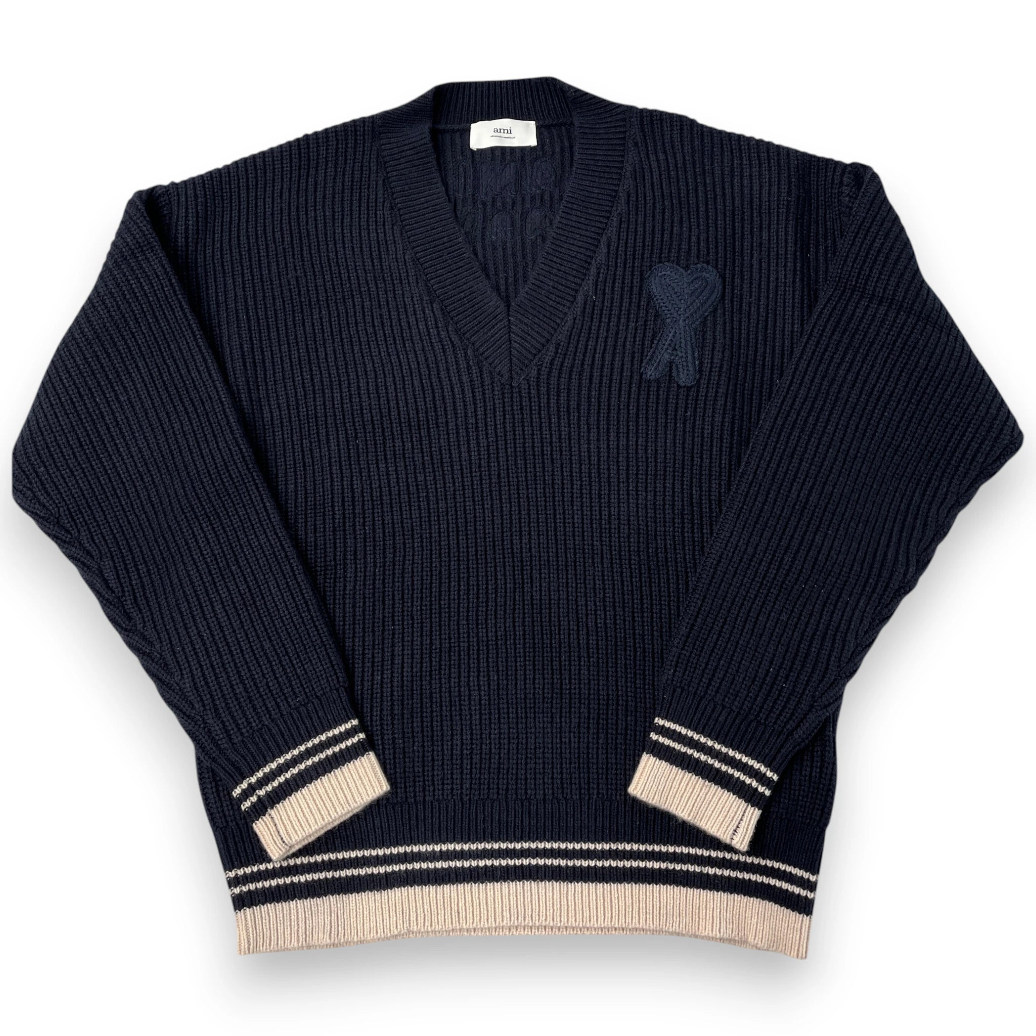 AMI PARIS RIBBED V-NECK SWEATER "Navy Blue'