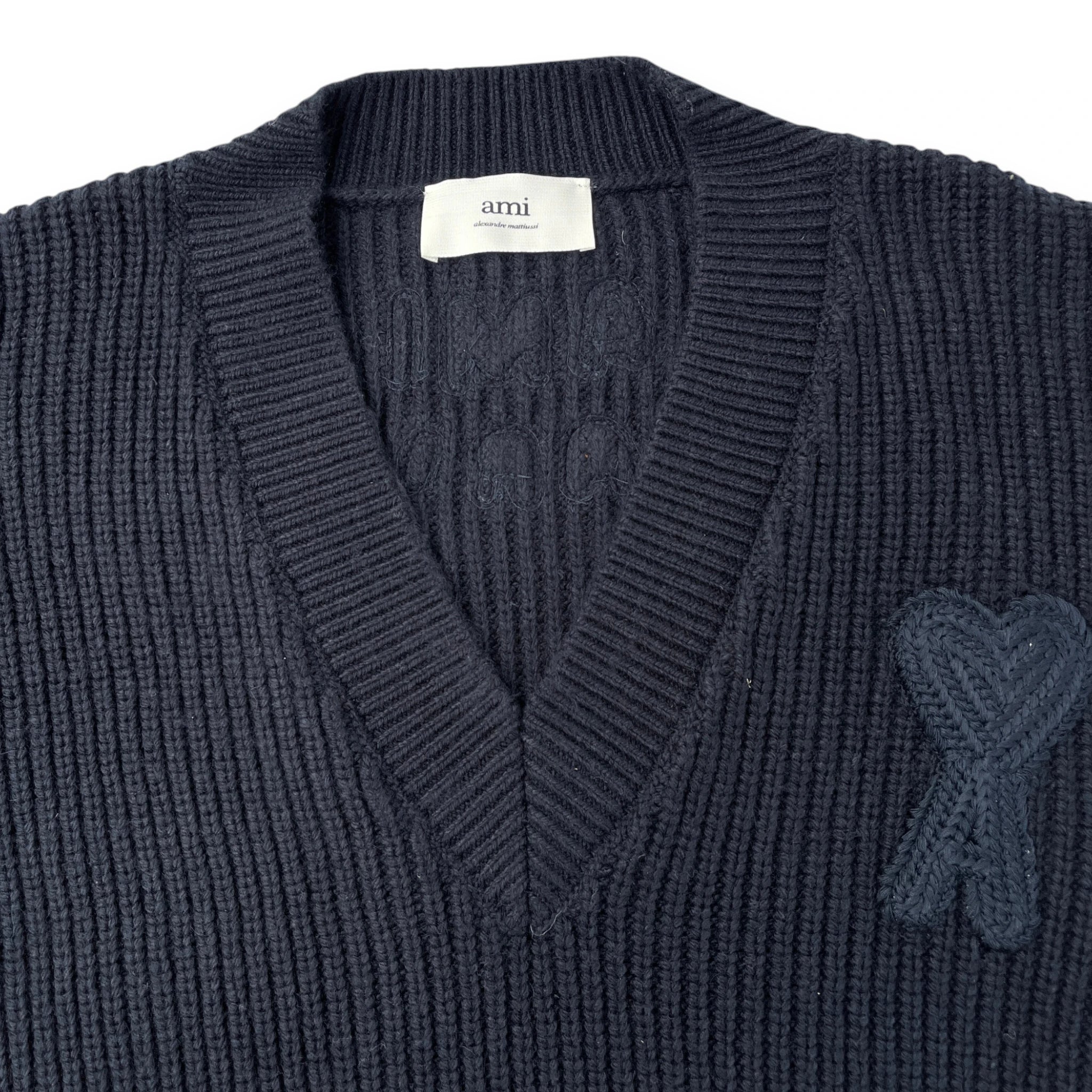 AMI PARIS RIBBED V-NECK SWEATER "Navy Blue'