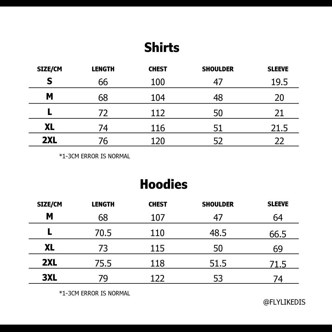 Size chart for COLOR CAMO SHARK FULL ZIP HOODIE