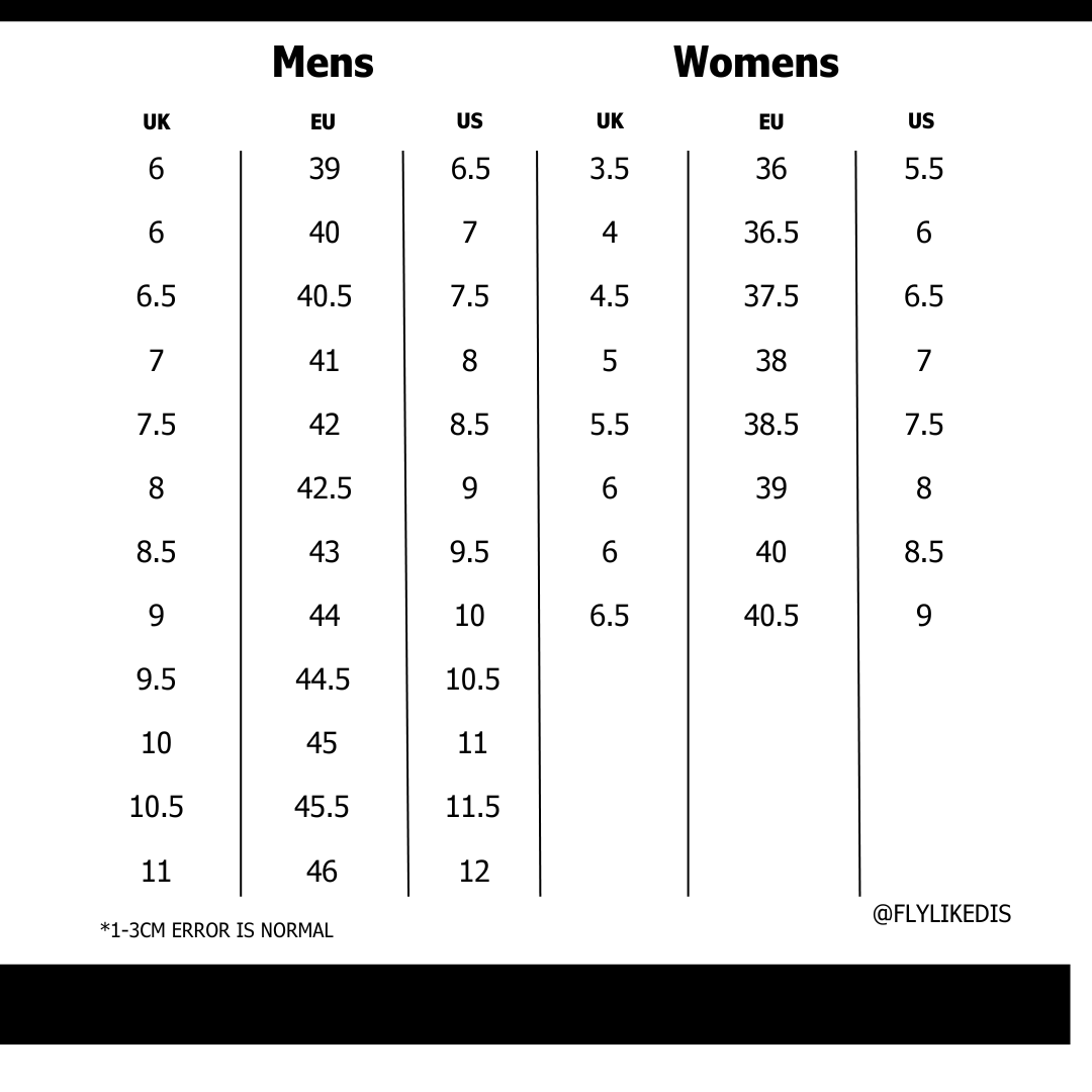 Size chart for BAPE STA OS #3 M2
