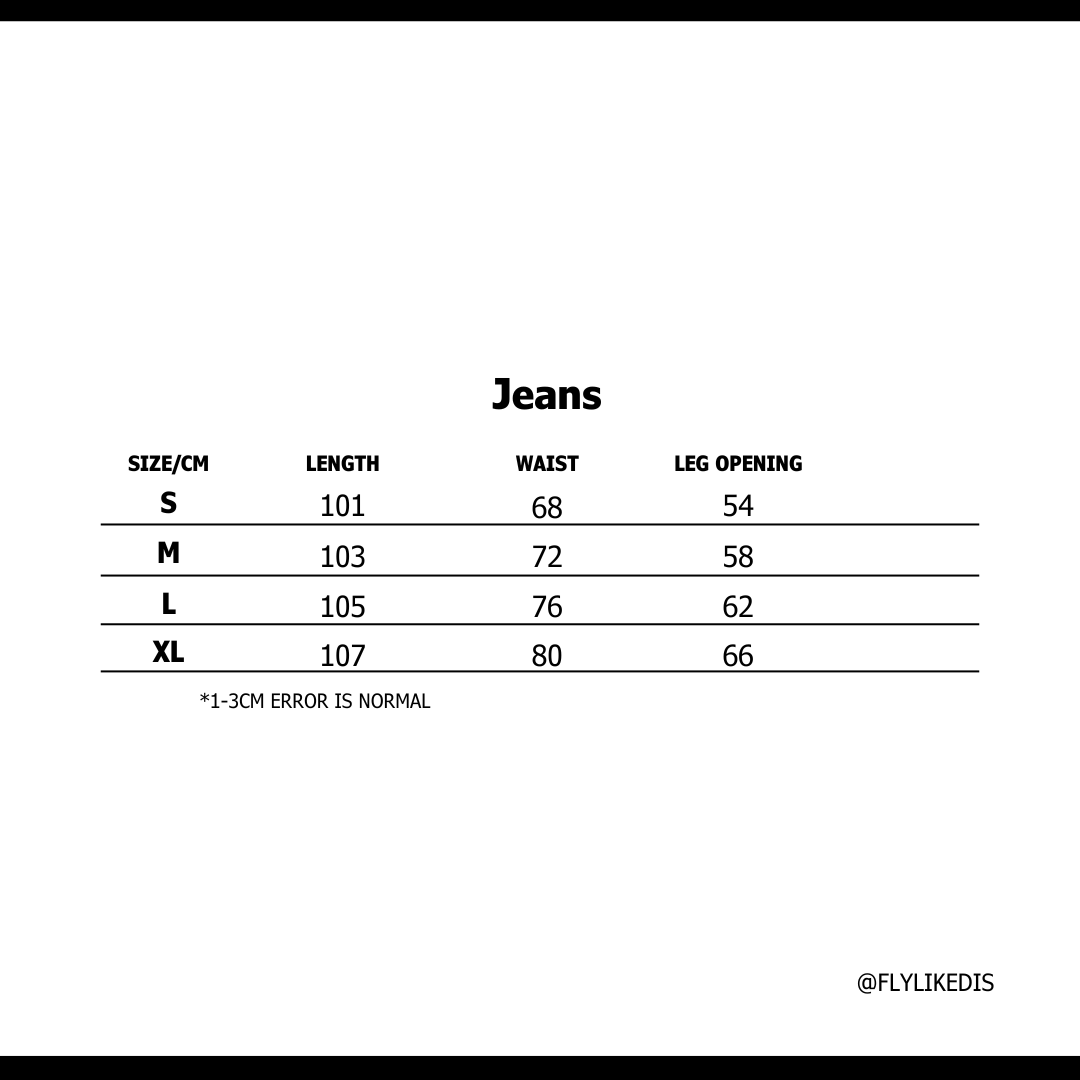 Size chart for HELLSTAR RAW EDGE AIRBRUSHED JEANS