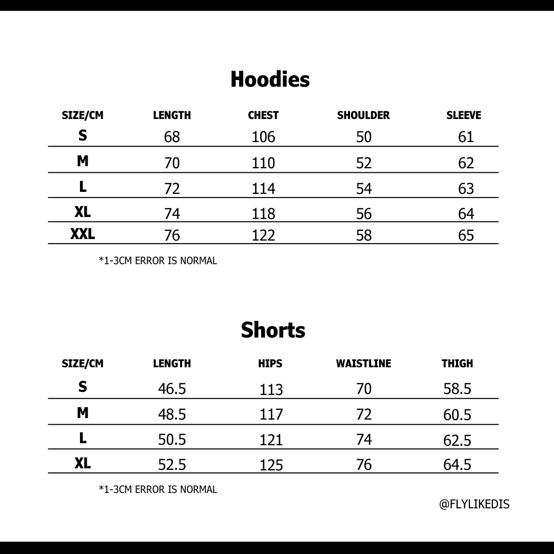 Size chart for RH LOGO SHORTS