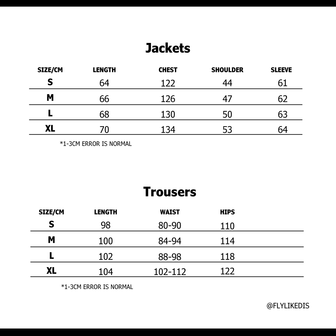 Size chart for SUPREME DUCATI TRACKSUIT